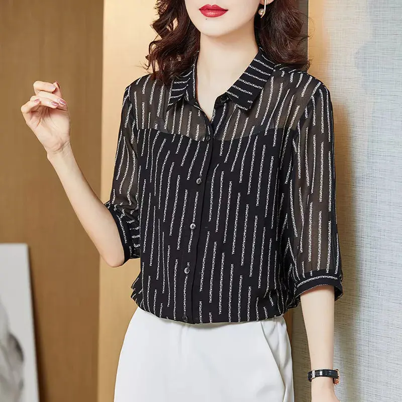 Polo Collar Shirt for Women Simplicity Printing 3/4 Sleeve Shirts Office Clothes Elegant All-match Loose Tops Summer Fashion