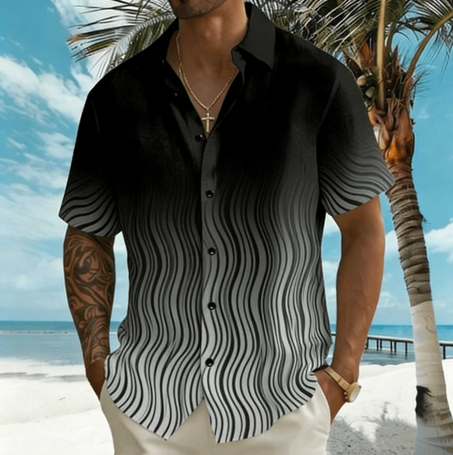 Men's Black Gray Gradient Print Short Sleeve Shirt, Spring Summer Business Casual Blouse, Loose Daily Top