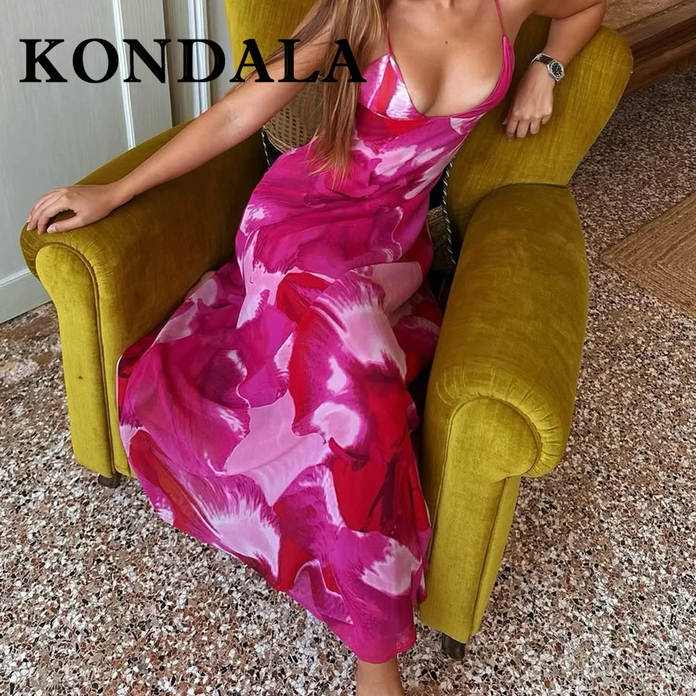 KONDALA Chic Sexy 2025 été rose plissé femme robe nœud cou monté vacances longue robe imprimer femme fermeture éclair gaine robes