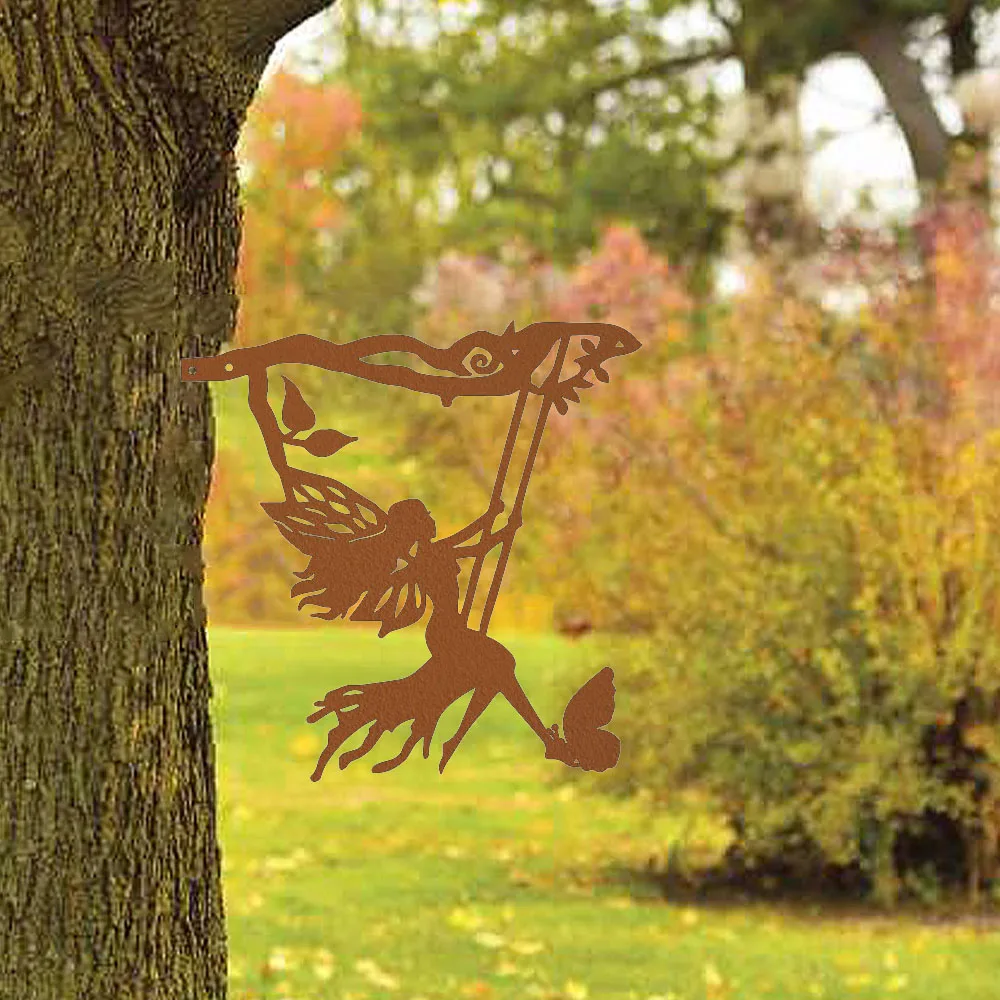 1pc Swing Elf On Branch Steel Silhouette - Transform your outdoor space into a magical place with this enchanting metal wall art