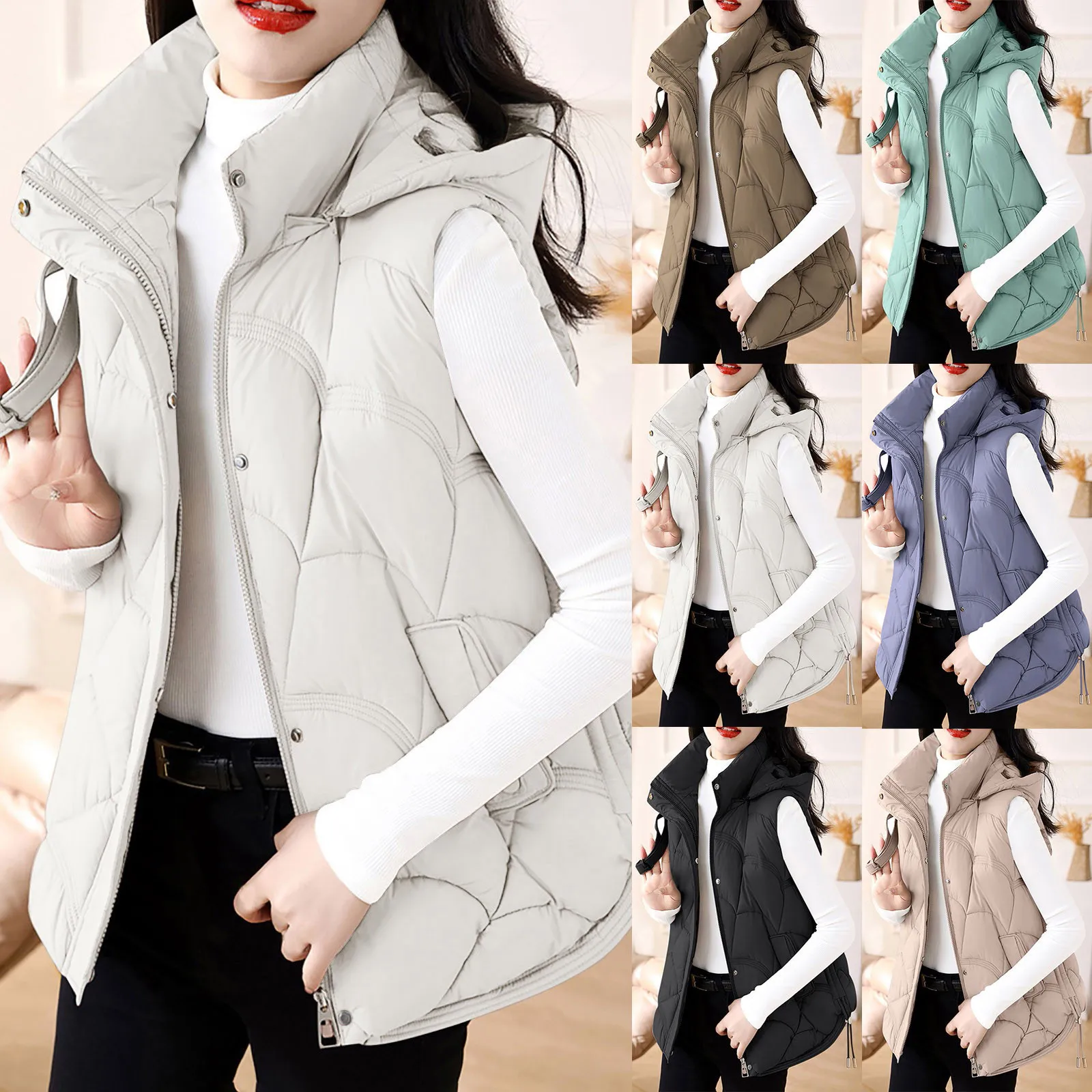 Women's Hooded Zipper Cotton Padded Vest Winter Warm Sleeveless Puffer Jacket Outdoor Korean Fashion Wolfeel Quilted Outwears