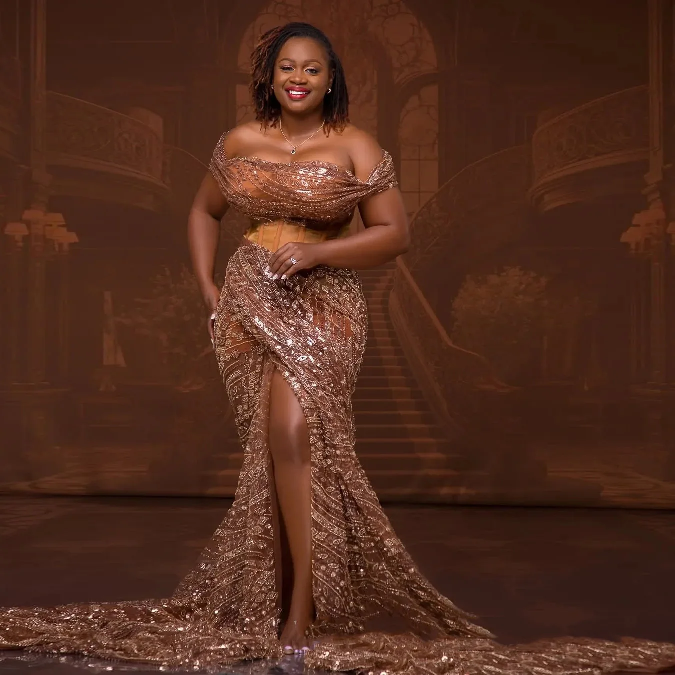 

2025 Brown Mermaid Evening Dress Sequins Aso Ebi Formal Gown with Boning Side Split Lace Applique for Prom African Wear