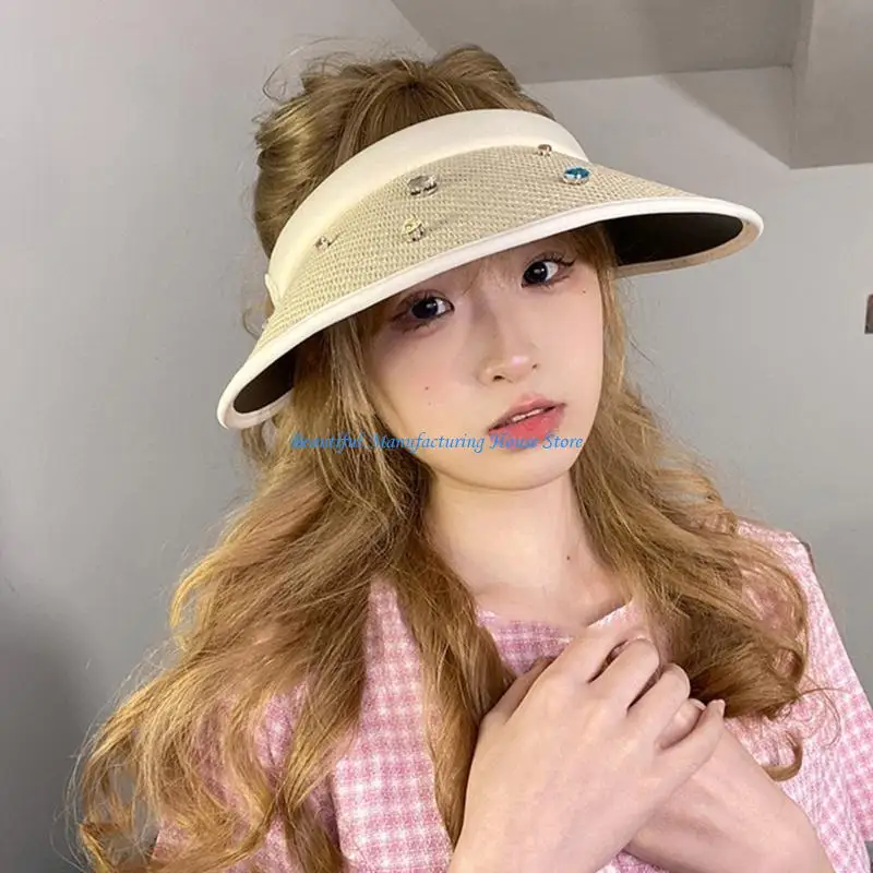 E56A y2k أحجار الراين قناع المرأة القش قناع جولف قناع الشمس قناع الشاطئ قناع قبعة الشمس #2
