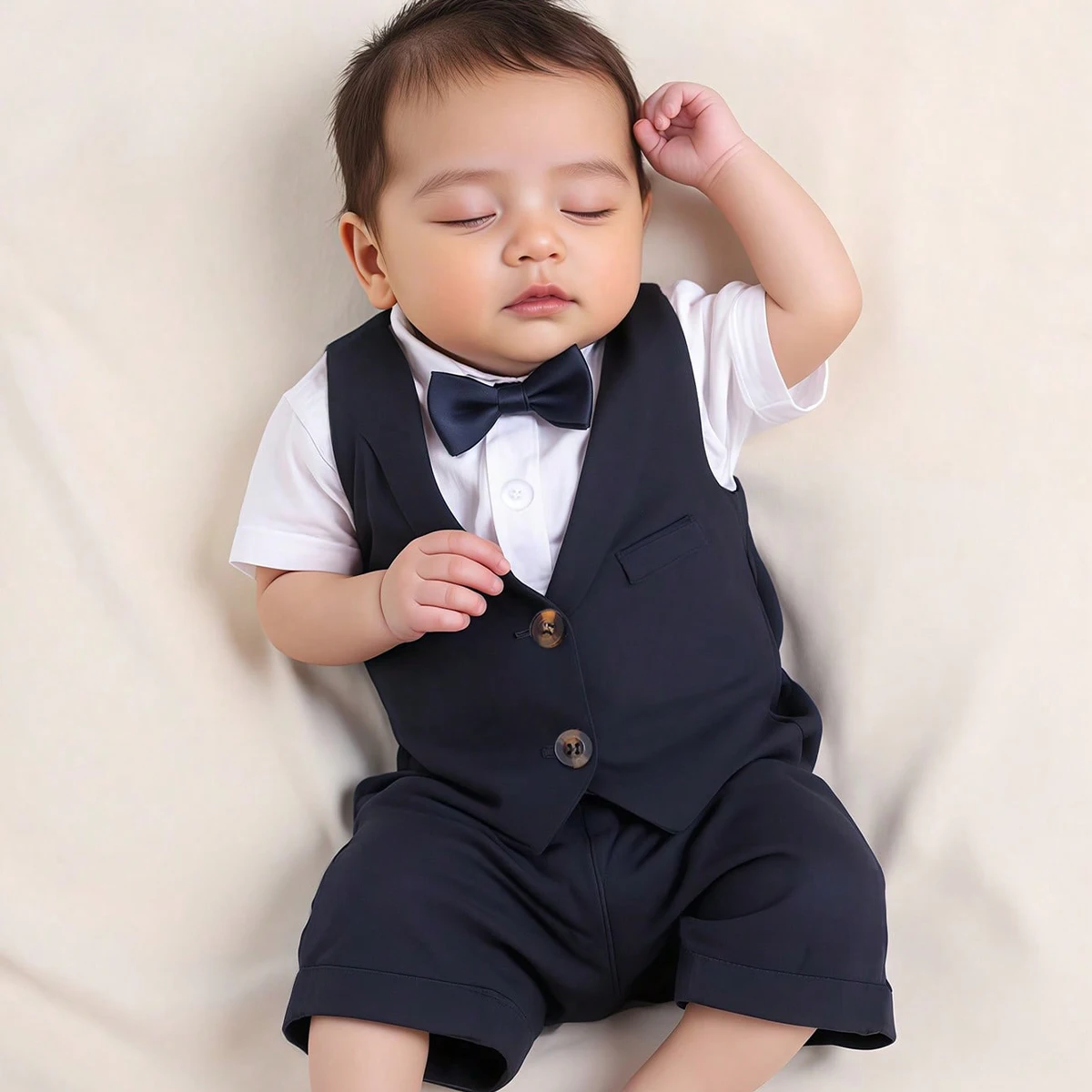 2PCS Newborn Photo Outfit Set Blue Vest Bow Tie with Shorts Baby Boy Photography Props for 0-3 Months Costume Set