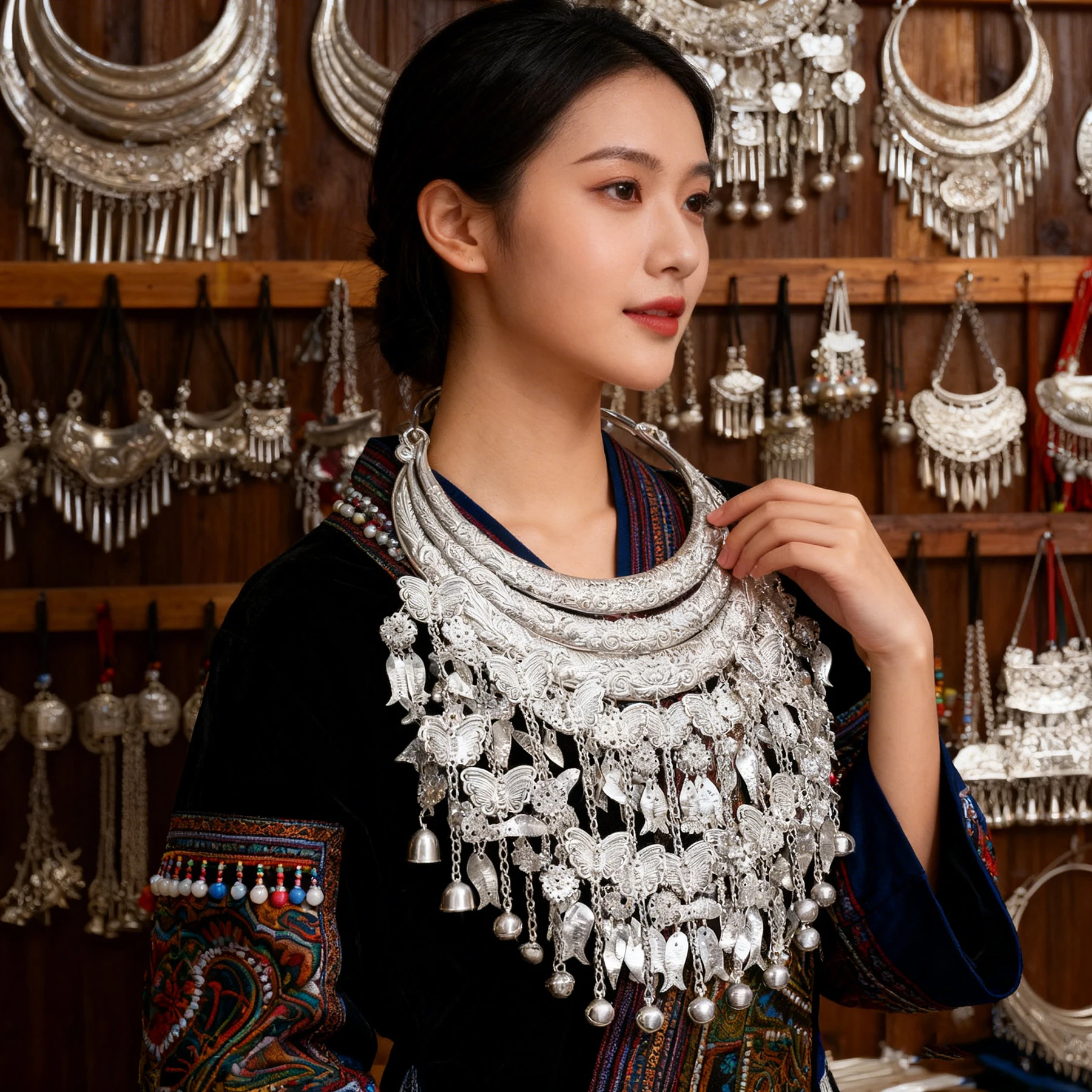 Classic Miao Ethnic Women's Choker Necklace Aluminum Silver Color Flower Butterfly Bell Tassel Statement Necklace Collar Jewelry