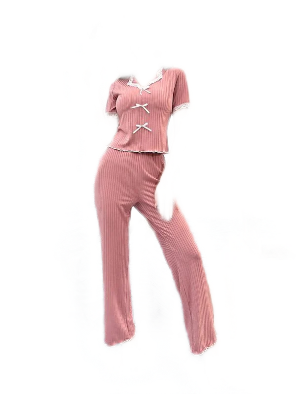 

Sweet Knot Spwear Set Women's Spring Summer New Sle Lace Long Pants Home Clothes Two Piece Set V-ne ort Sl...