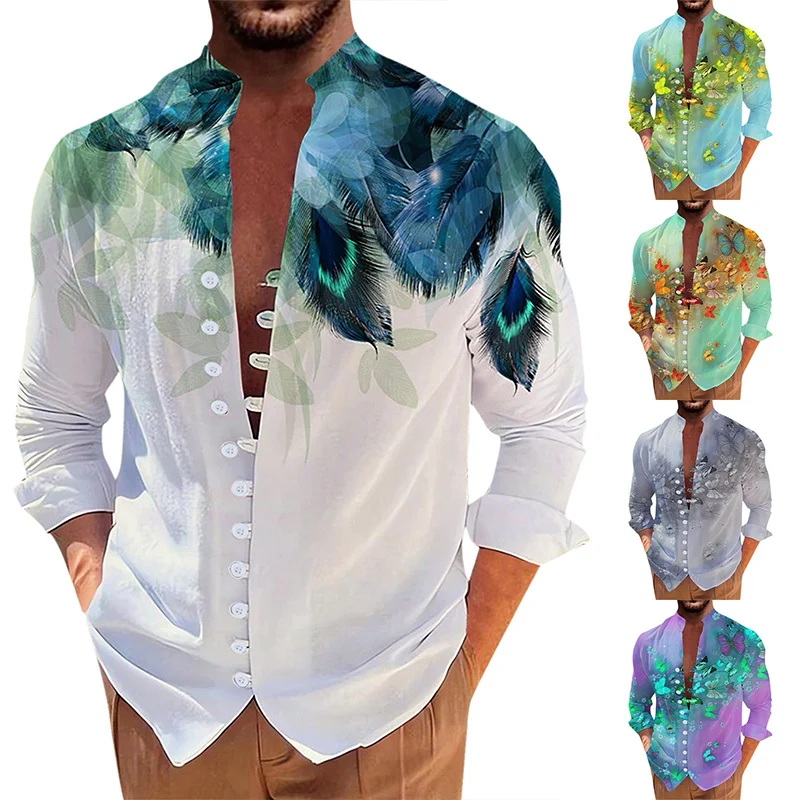 

Men Hawaiian Shirts Summer Fashion Loose Long Sleeve Shirt Male Single Breasted Standing Collar Camisa Oversized Ropa Para Homme