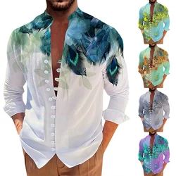 Camisa havaiana de manga comprida masculina, solta, de peito único, gola ereta, grandes dimensões, moda verão