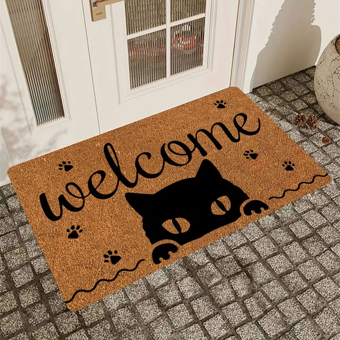 VIKAMA WILLKOMMEN Niedlicher Katzen-Badezimmerteppich, rutschfeste Fußmatte für den Innen- und Außenbereich, maschinenwaschbare Eingangstürmatte, Heimdekoration