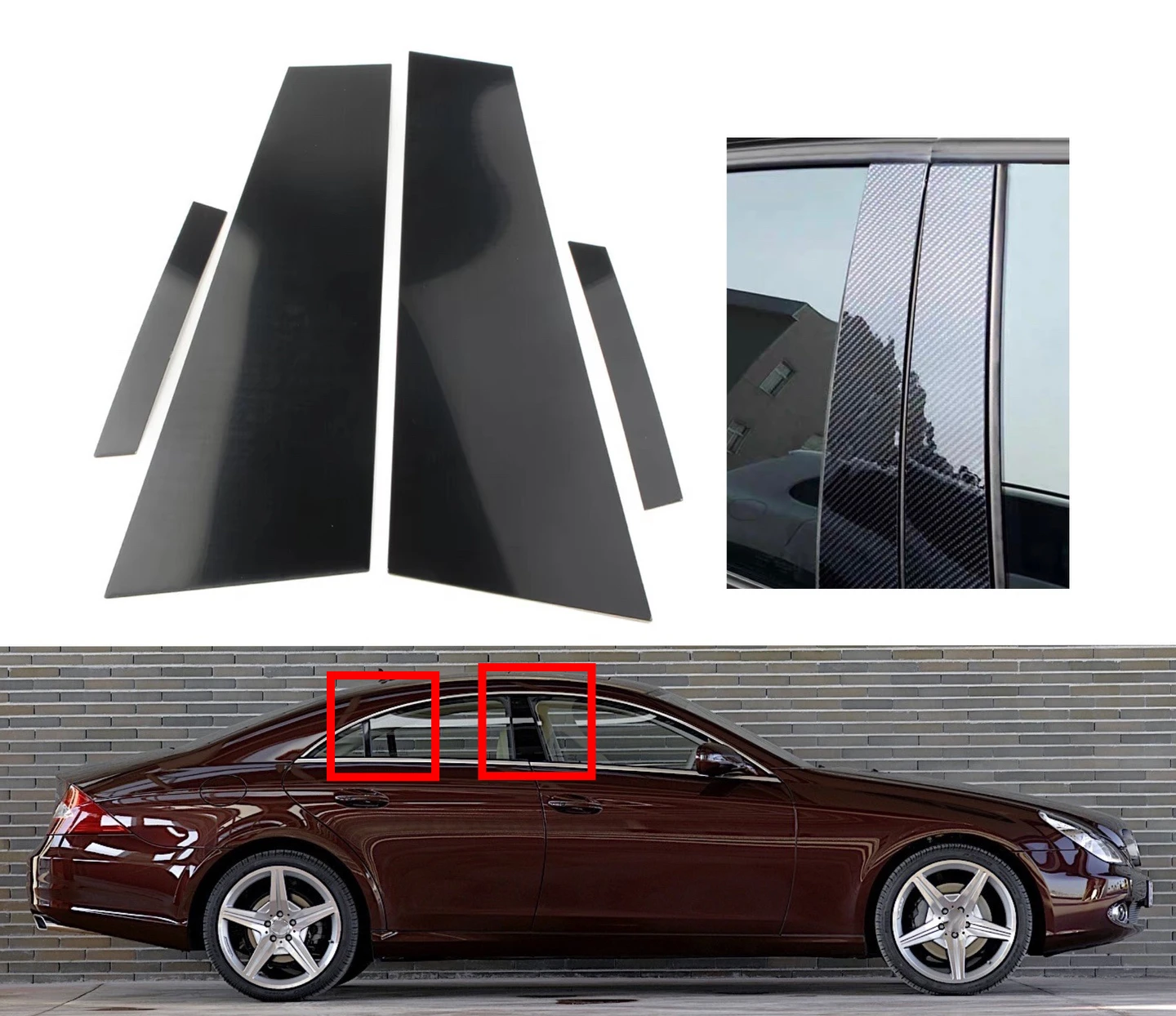 

4Pcs Gloss Black Pillar Post Silver Carbon Fit For MERCEDES CLS C219 2006 2007-2011 Door Side Window Decor Cover Accessories