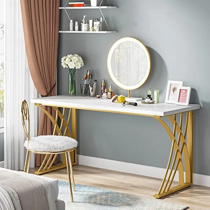 55’’ Large Modern Computer Desk, White & Gold Luxury Laptop PC Student Table, Sturdy Writing Workstation for Home & Office