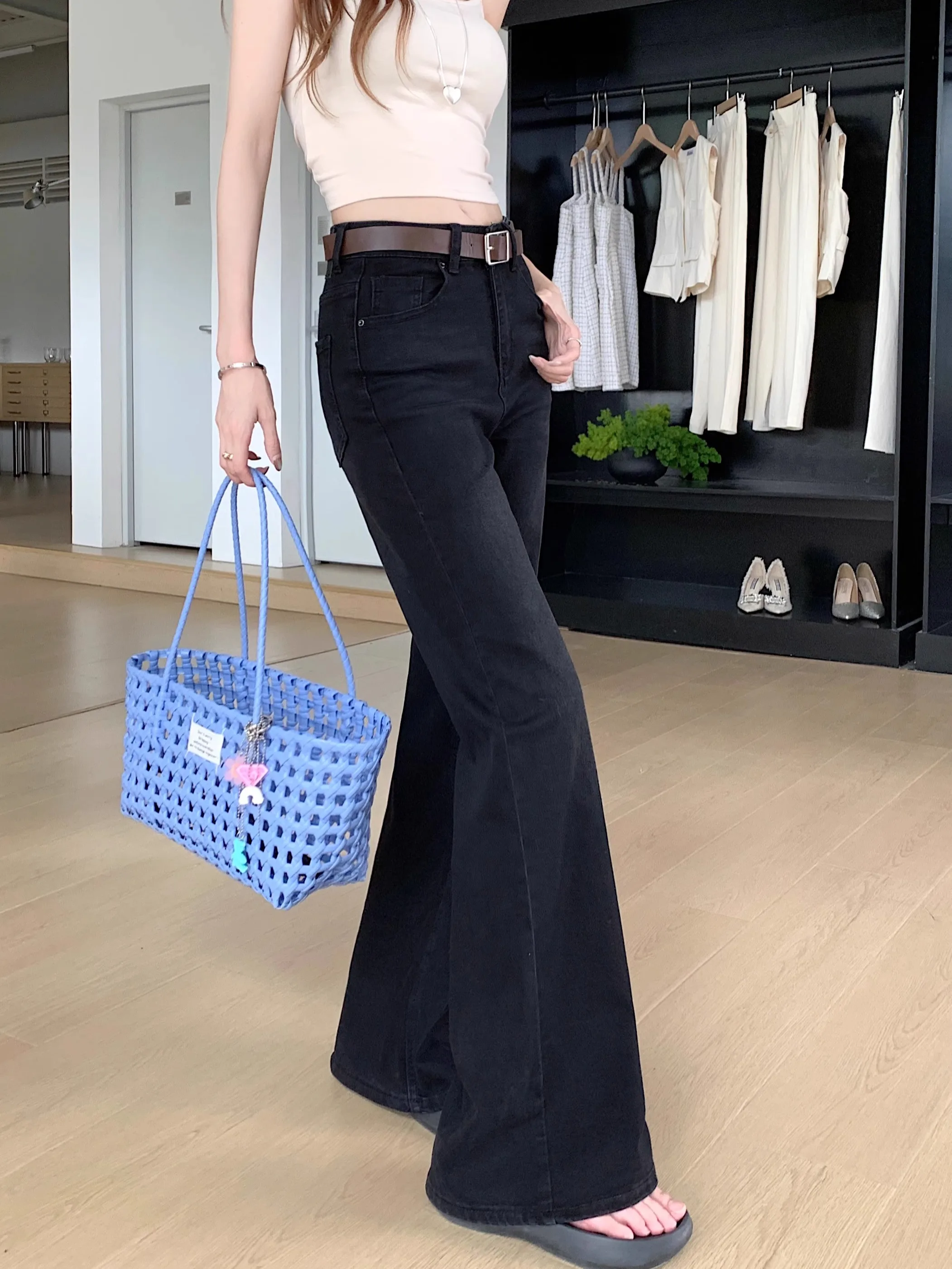 Hellblaue Bell-Bot-Jeans für Damen in Übergröße, hohe Taille, elastisch, bodenlang, lässige Baumwoll-Stretch-Denim-Hose mit geradem Bein