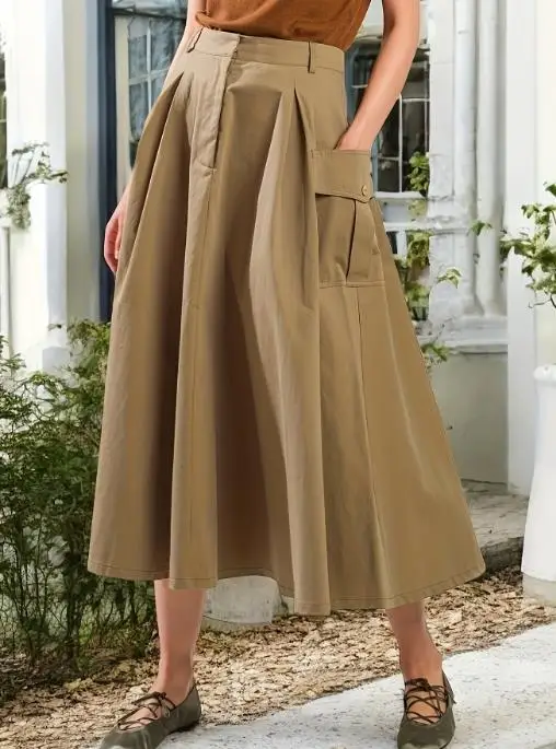 

Skirt for Women 2025 Spring Summer New Fashion Elegant Solid Color Casual Pocket Design High Waist Casual A-Line Cargo Skirt