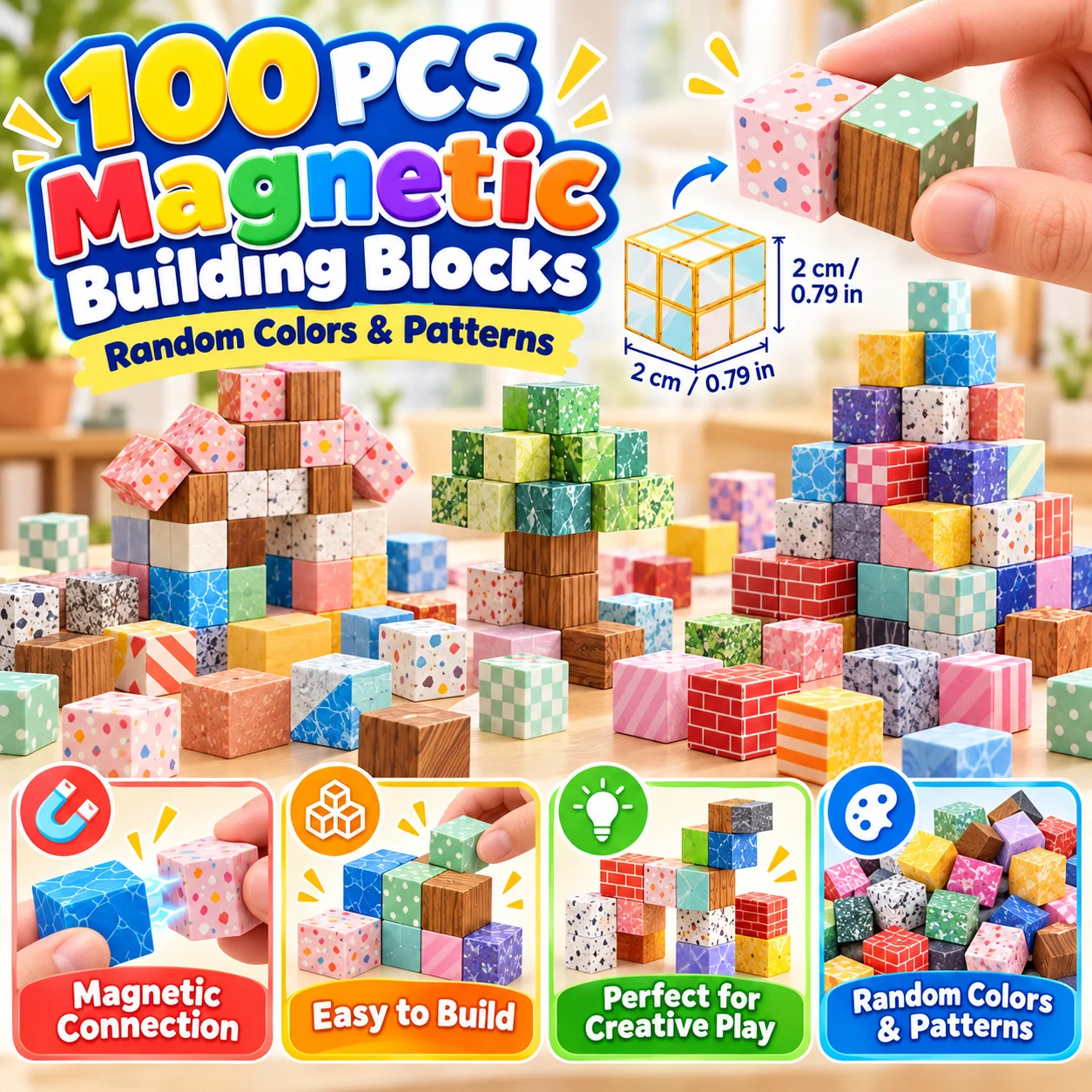 100PCS Magnetic Building Tiles Set 3D Construction Blocks Geometric Shapes Creative Structure Building DIY Activity Gift