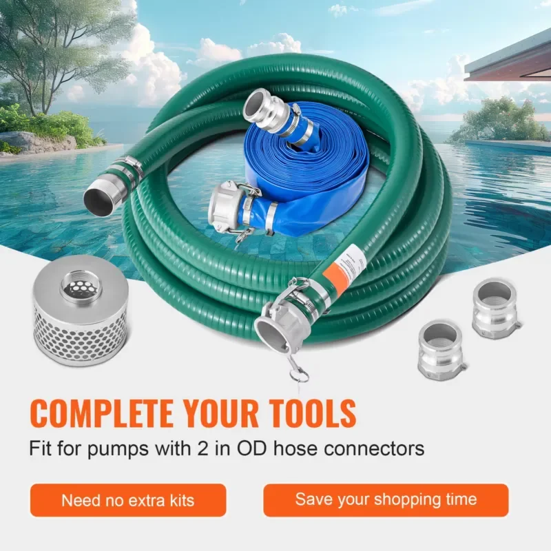 2 Inch 50ft Blue Backwash Hose Kit with 20ft Green Suction Hose and Accessories for Water Pump Pool Cleaning Garden