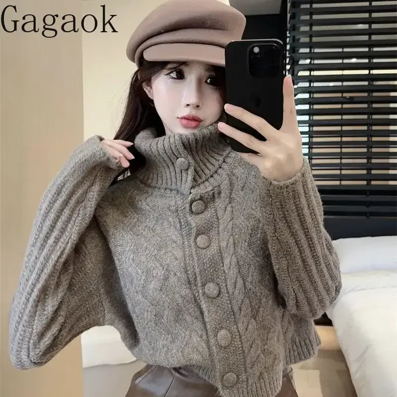 Gagaok America Retro Short Cardigans Elegant Simple Solid Turtleneck Slimming Knitted Cardigan Streetwear Casual Sweater Coat