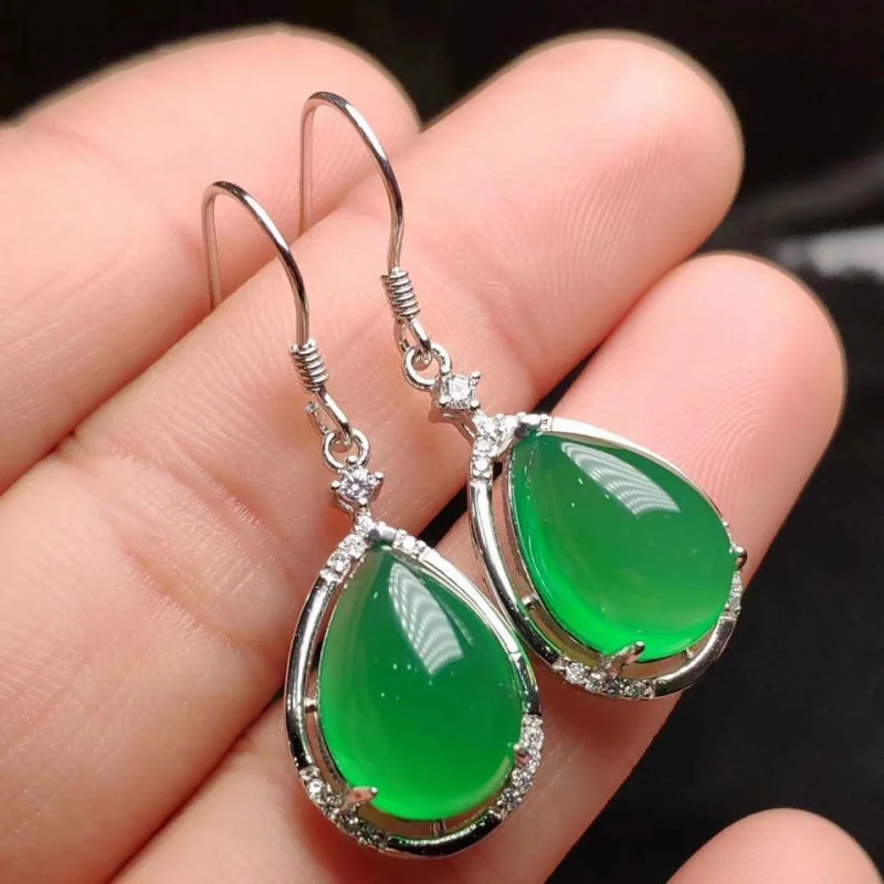 

Chalcedony Drop 925 Silver Inlaid High Green Agate Earrings