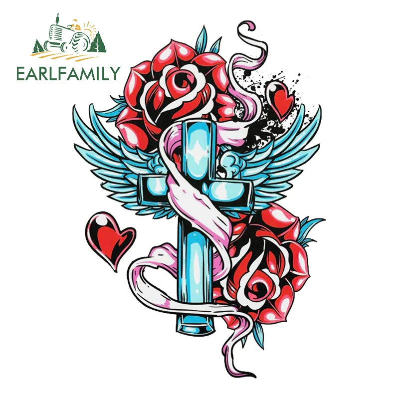 EARLFAMILY 13cm x 9.2cm Christian Cross Roses Wings Old School Car Sticker Window Off-road Trunk Decal Retro Racing Stickers