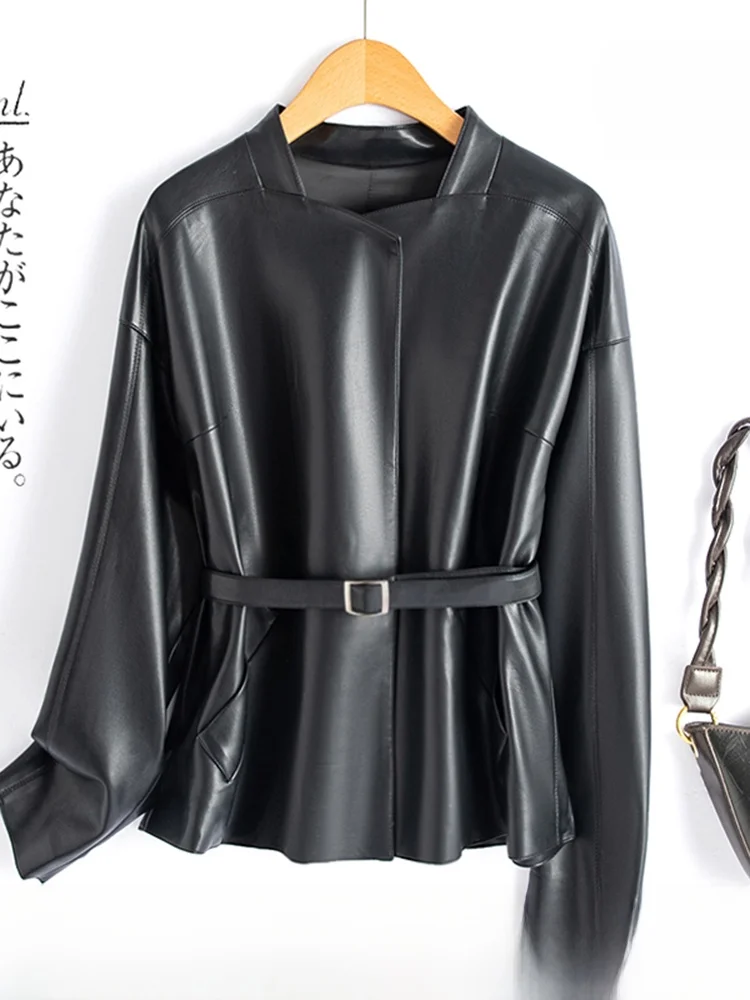 

Ning Genuine Leather Jaet Women's ort Sle Spring Autumn New Model Belted eepskin Coat Small Size Faionable