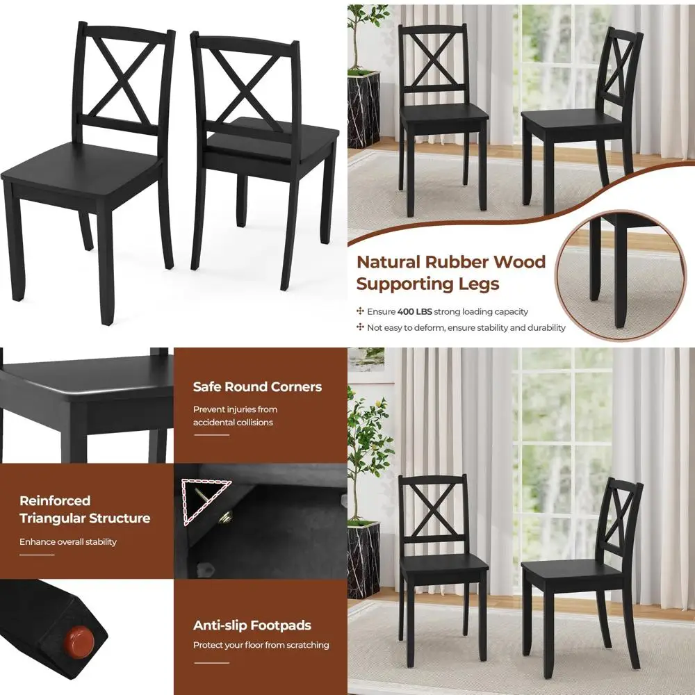 

Набор из 2 деревянных обеденных стульев, безрукие кухонные стулья с ножками из каучукового дерева и изогнутой спинкой, обеденный стол в стиле фермерского дома с перекрестной спинкой