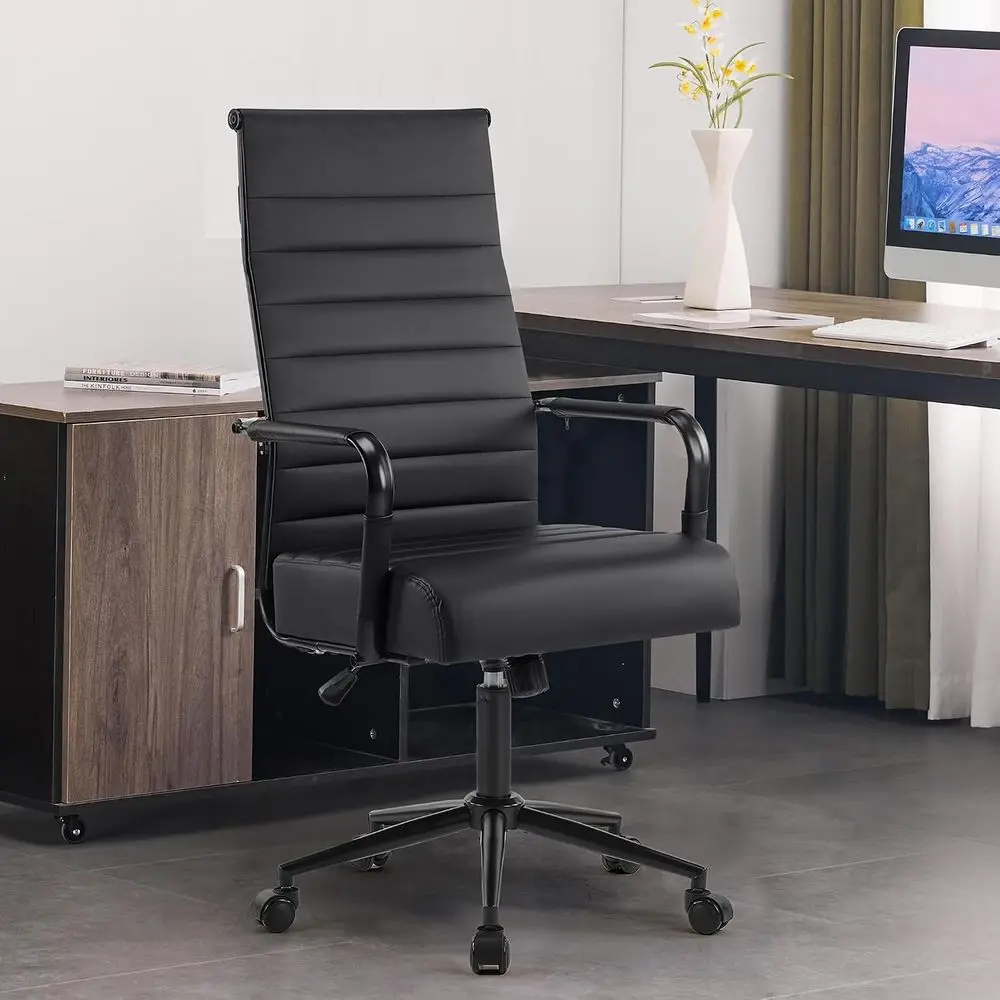 Oice Desk Chair, ern Leather Conerence Room Chairs with High Back,Wheels and Arms, Ergonomic Executive Ribbed Height Adjustable