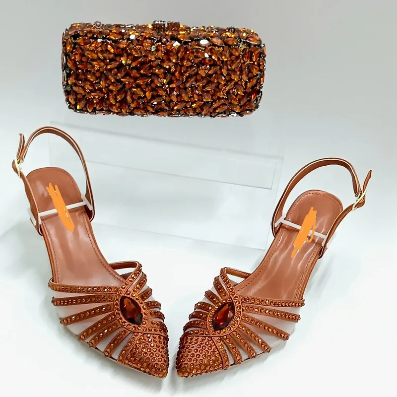 

Women's Shoe and Bag Set for Parties and Weddings Rhinestones Heeled Pumps and Handbag Nigeria Gems Dress Sandals