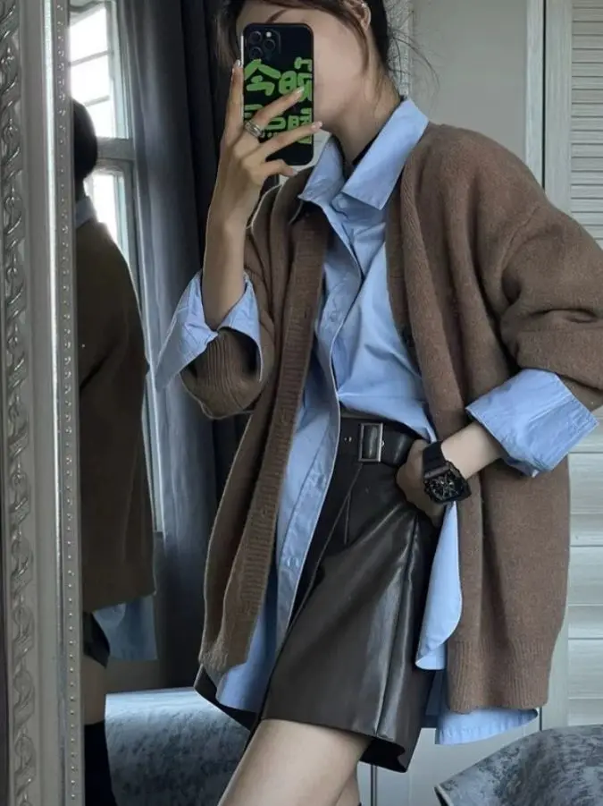

Spring 2026 Women's Slimming Sweater Jacket Two-Piece Set Long Sleeve Turn-down Collar Mid-length Outerwear Fashion Ensemble