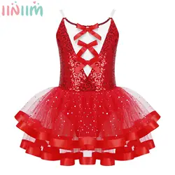 Teens Girls Ballet Dance Skating Gymnastics Dress Sleeveless Shiny Sequin Leotard Tutu Christmas Party Stage Performance Costume