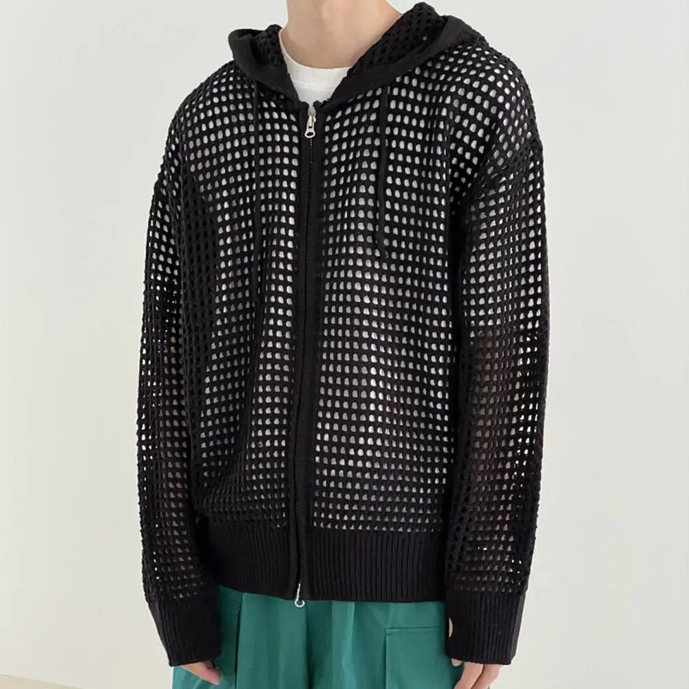 Chaqueta de punto para hombre, cárdigan de Hip Hop con diseño ahuecado, cierre de cremallera, abrigo de invierno a la moda para otoño