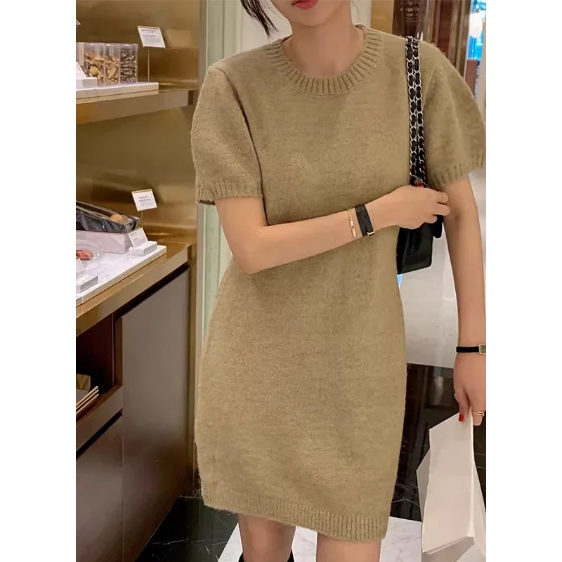 Gagaok Korean Fashion Clothes Sweater Dresses Women Simple Elegant O Neck Knitted Dress 2024 Autumn Short Sleeve Vestidos