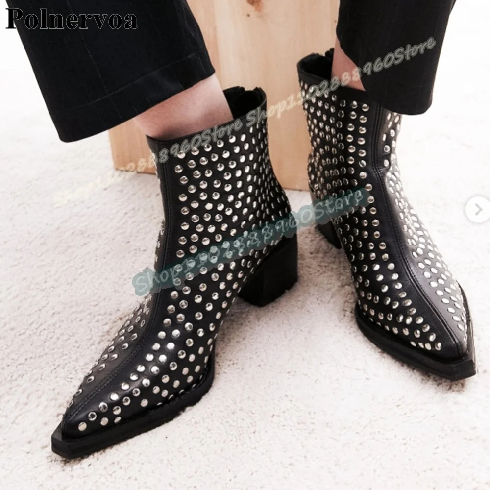 

Черные кожаные ботильоны с металлическими точками, на толстом каблуке, с заостренным носком, на молнии сзади, в западном стиле, женская обувь