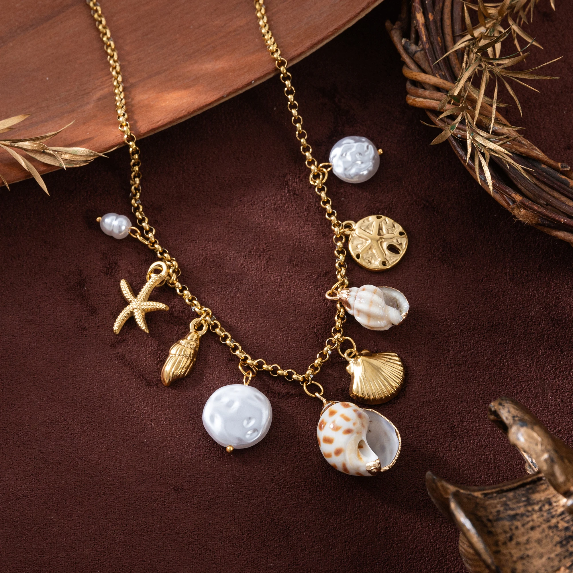 

Stainless steel summer beach breeze shell starfish conch pearl necklace vacuum plated 18K gold color retention