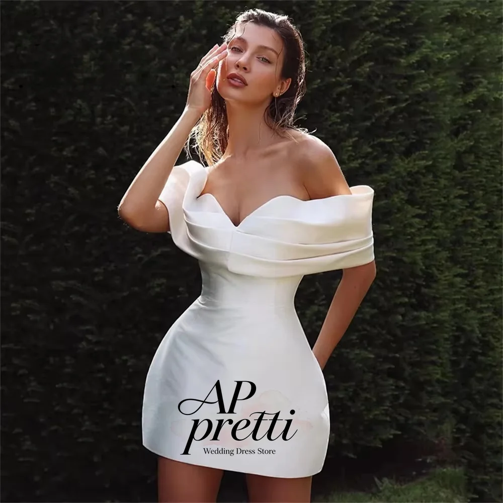 AP pretti Sexy Ivory Sweetheart Collar Short Sleeve Satin Wedding Dresses For Woman Bridal Gown Customized Mini-length Pleat