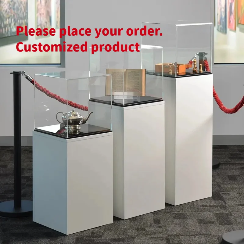 custom.Custom Museum Acrylic Display with White Lacquer Base & Dustproof Cover, Artwork Antique Exhibition Showcase Gal
