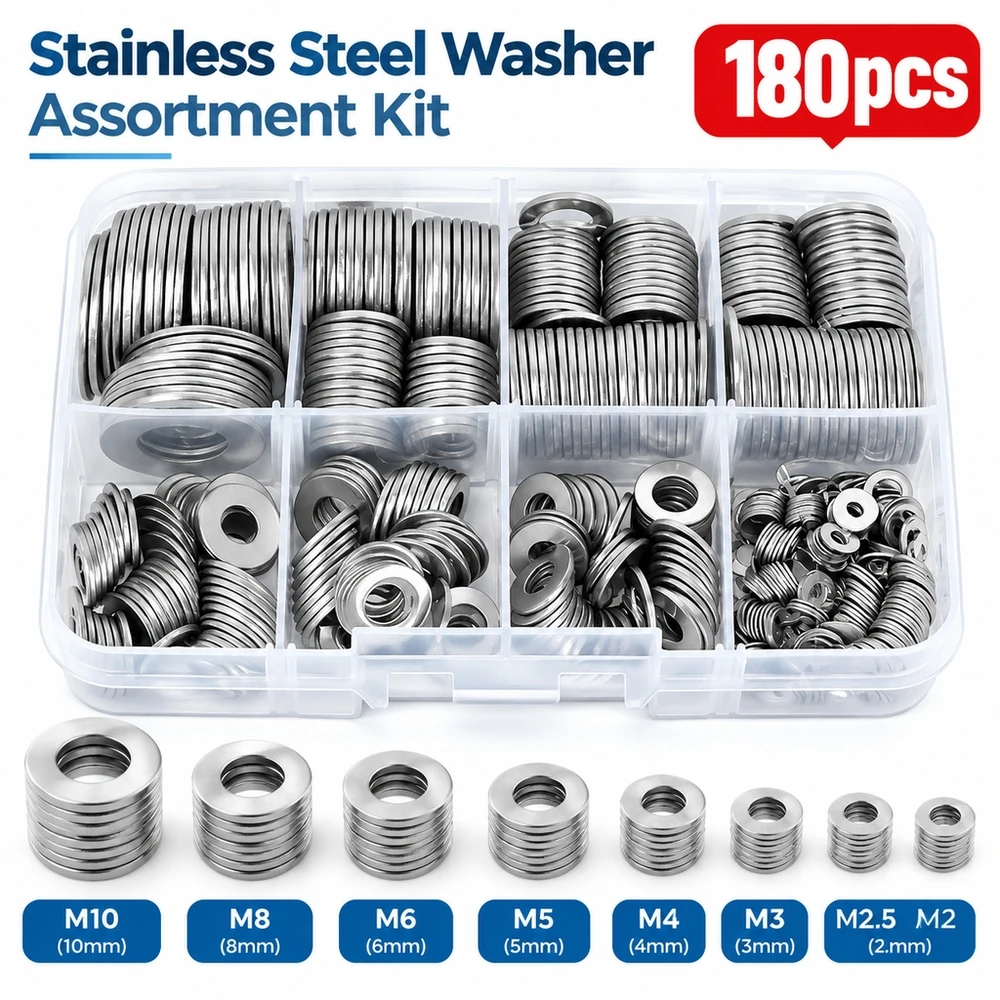 304 Stainless Steel Flat Washer Kit 180 Pcs M2-M10 Polished Surface Long Lasting Hardware for Automotive Repair