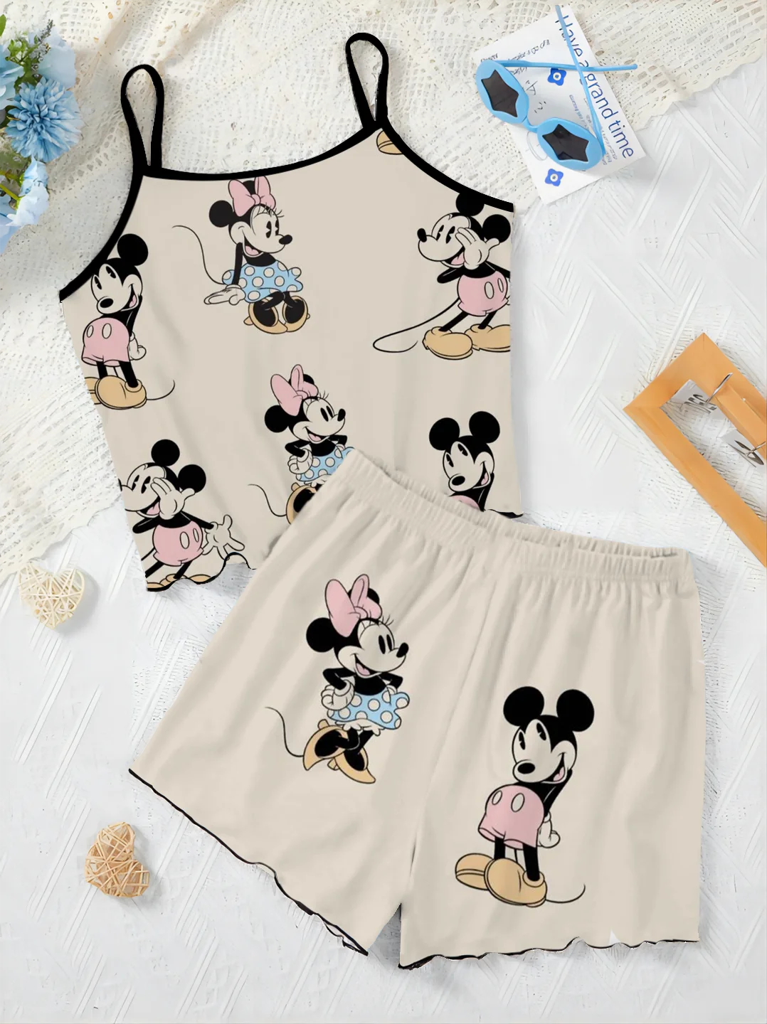 Pajama Skirt T-shirt Elegant Women's Sets Home Dress Minnie Mouse Mickey Lettuce Trim Disney Top Pieces Short Suit Disney Mickey