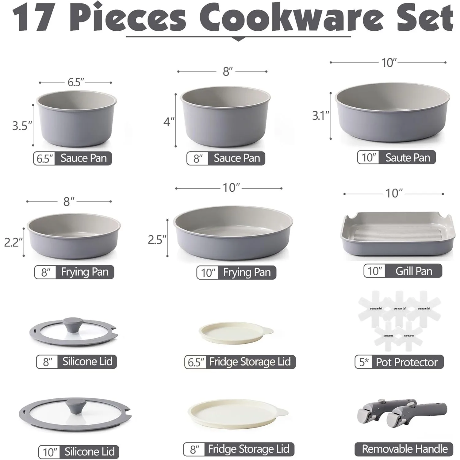 17 Piece Ceramic Pots and Pans Set, Nonstick Detachable Handle Cookware, Induction Kitchen Cookware Set  (Gray)