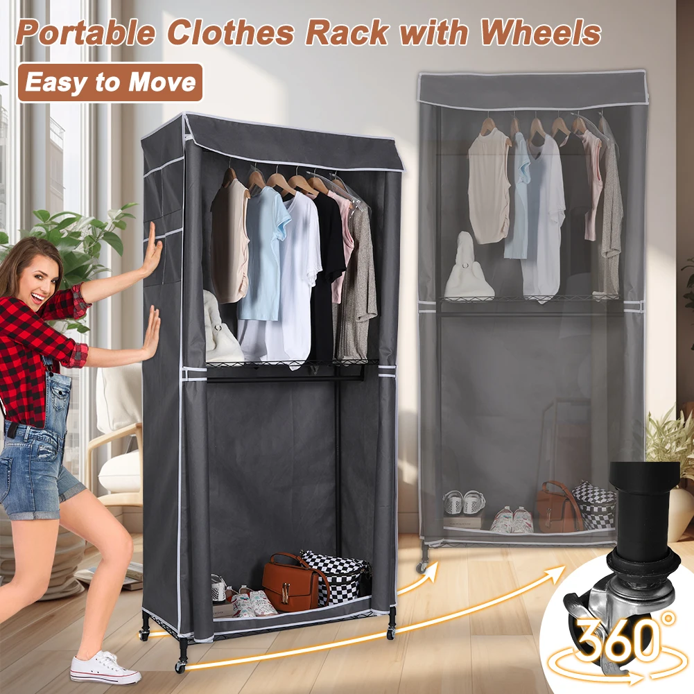 200*90*44cm Freestanding Closet with Wheels Multifunctional Heavy Duty Garment Rack with Cover for Coats Shirts Dress