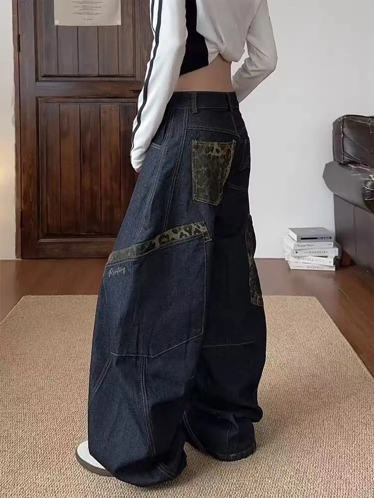 

Retro American Wide Leg Loose Long Jeans Women's Trendy Splicing Leopard Print Casual Straight Knife Denim Pants