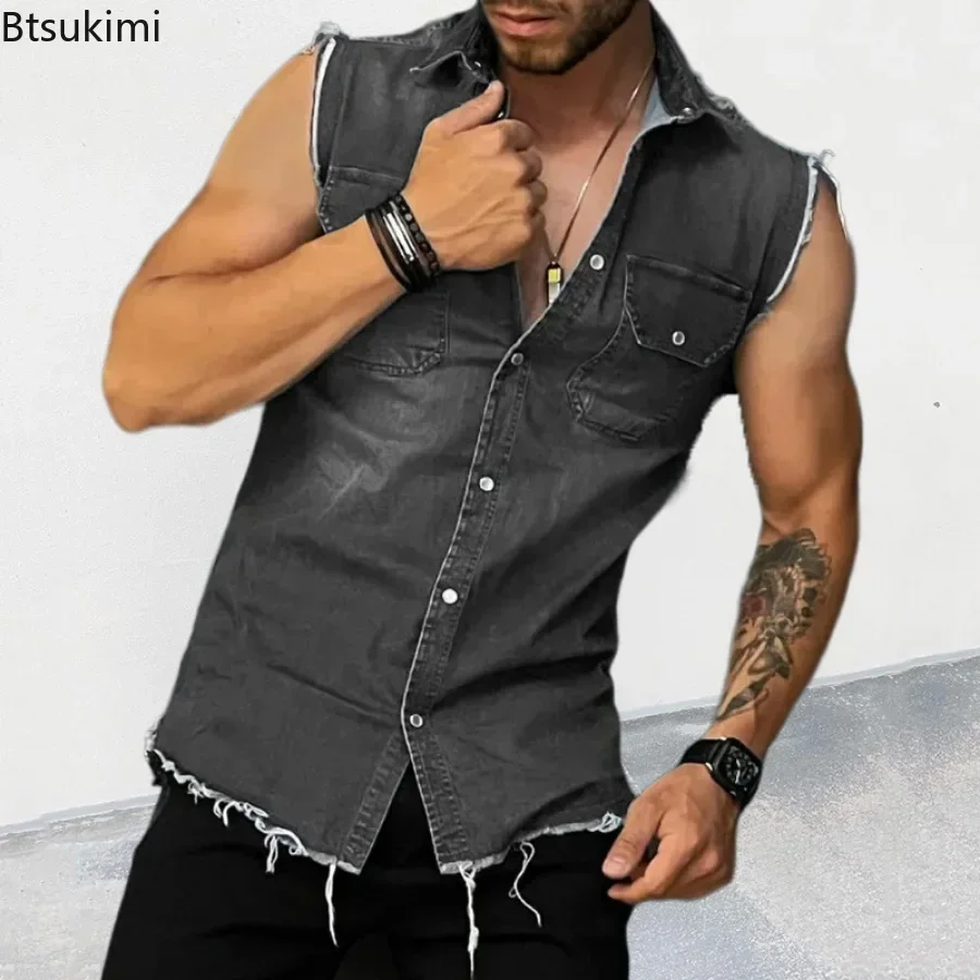 New 2024 Summer Men\'s Denim Vest T Shirts Lapel Pocket Sleeveless Tank Top Hip Hop Jean Jacket Waistcoat Coat Muscle Mens Tops