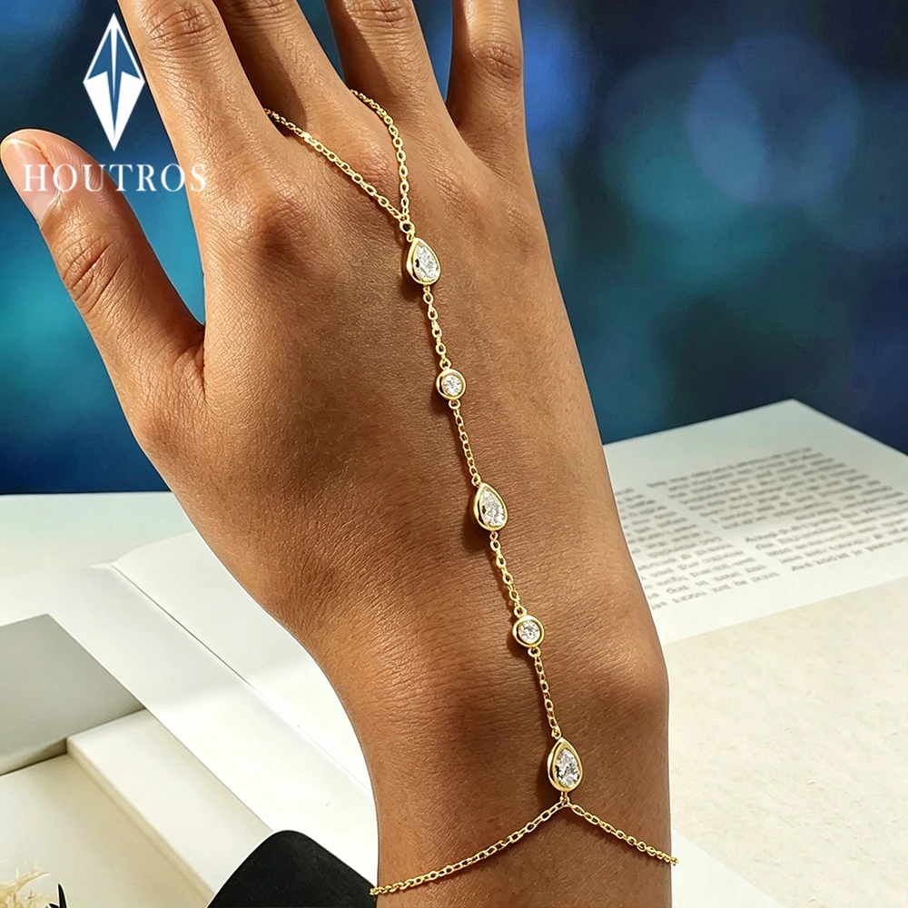 Bezel Set Round Pear Cut Moissanite Finger Chain Bracelet for Women 925 Sterling Silver Adjustable Wrist Chain Fine Jewelry Gift