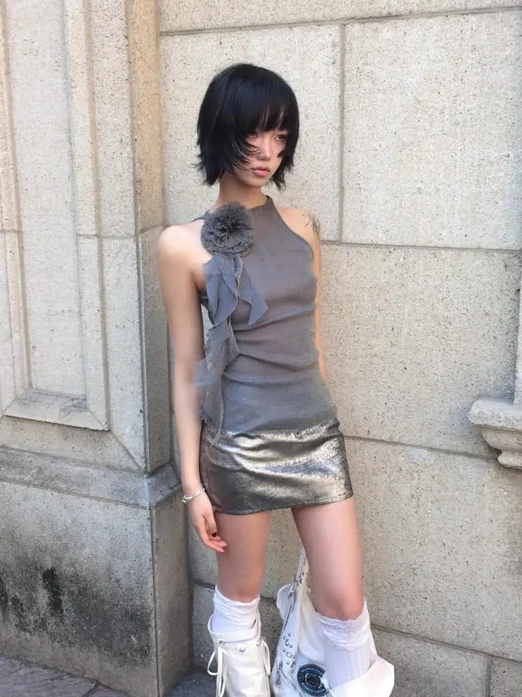 Genayooa Harajuku Y2kเสื้อดูผ่านริบบิ้นดอกไม้ตาข่ายเสื้อStreetwearญี่ปุ่น 2000S Aesthetic Sleevelesเสื้อฤดูร้อน