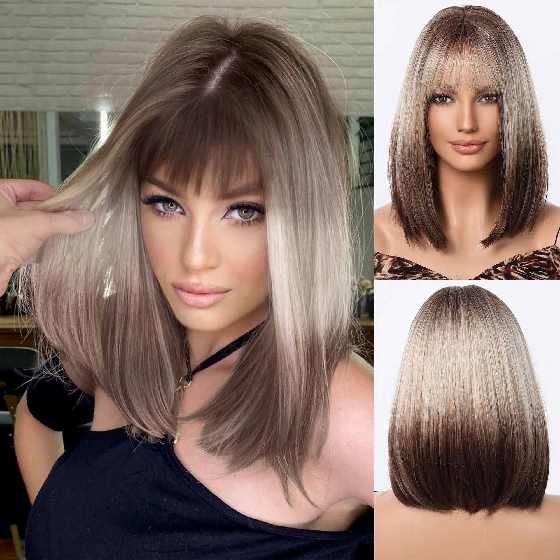 

European and American chemical fiber wig full headgear wigs Siamese cat Qi bangs middle section Bobo headgear short hair