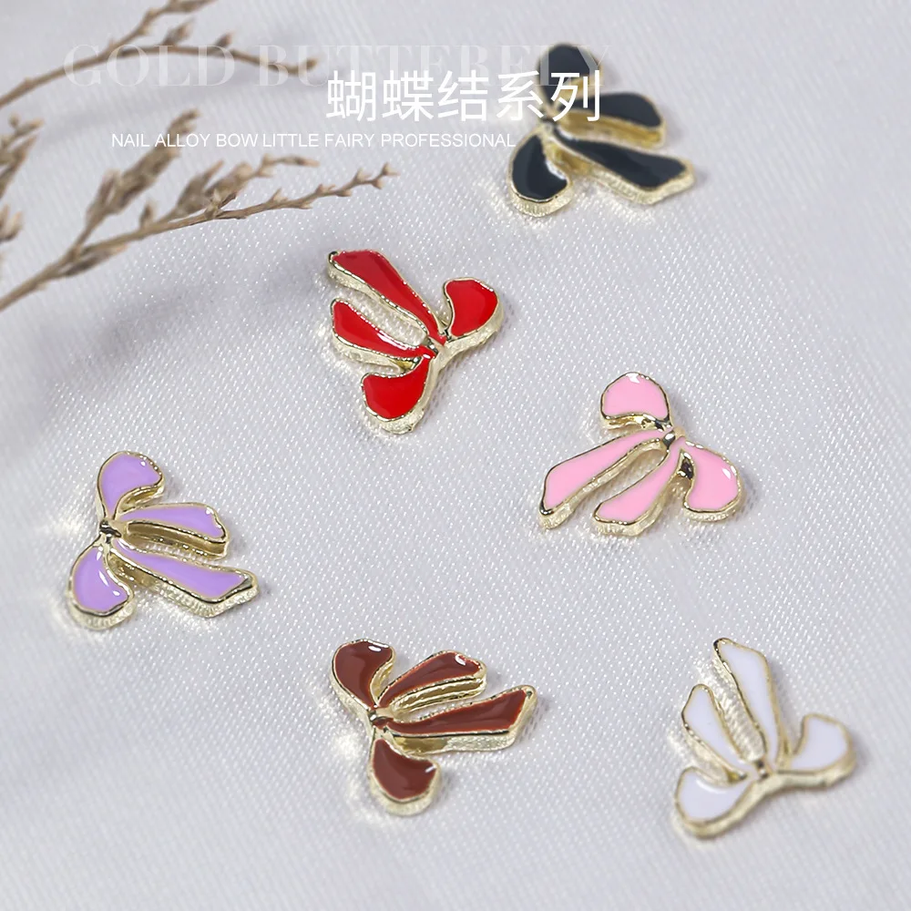 10PCS Alloy Ribbon Nail Art Decorations Metal Colorful Craft Nail Charms Parts Bow tie 3D Elegant Manicure Accessories 11*11mm