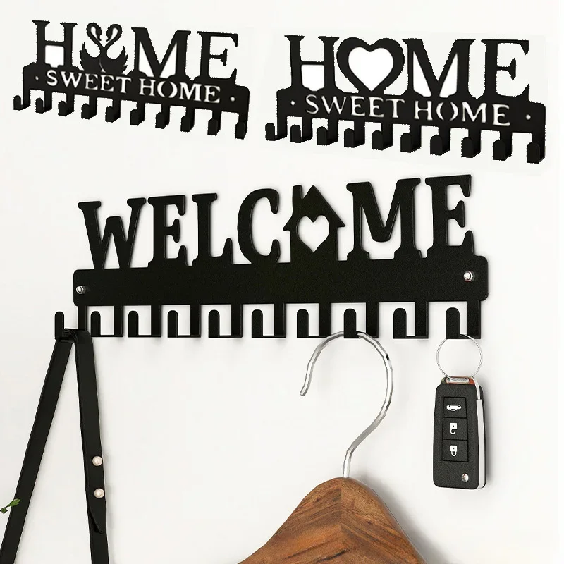 Sweet Home Black Metal Balcony Wall-mounted Clothes Rack Key Holder Kitchen Organizer Bathroom Rangement Hooks Hangers Storage