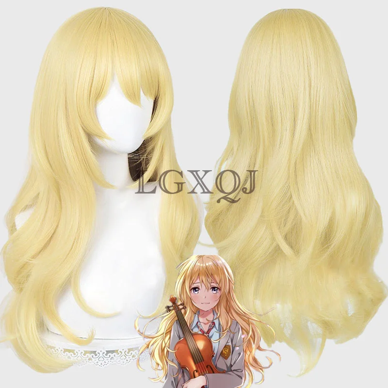 In Stock Miyazono Kaori Cosplay Wig Anime  Cosplay 75cm Gloden Curly Heat Resistant Synthetic Wigs + Wig Cap