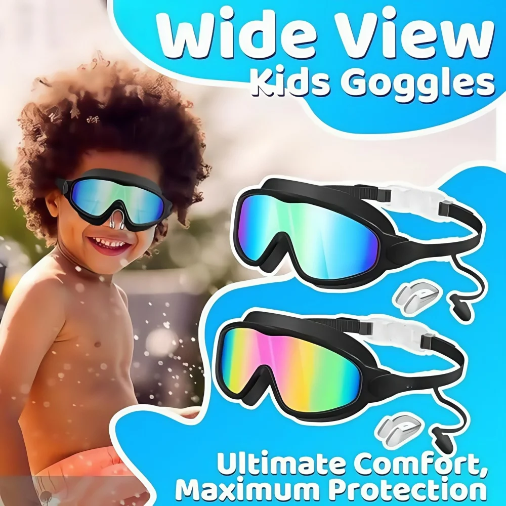 2PCSC Kids Swim Goggles with Earplugs & Nose Clip Wide View Anti-Fog UV Protection Swimming Goggles for Boys Girls Aged 3-15