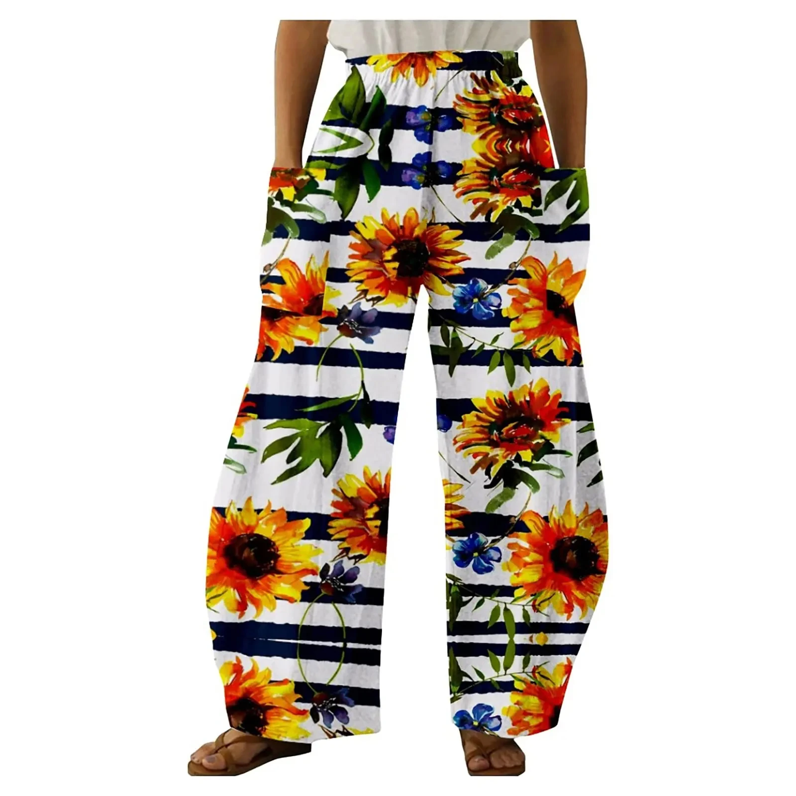 Women's Summer Loose Sunflower Print Casual 3d Print Loose Trousers Bohemian Vintage Beach Wear Women High-waisted Pocket Pants