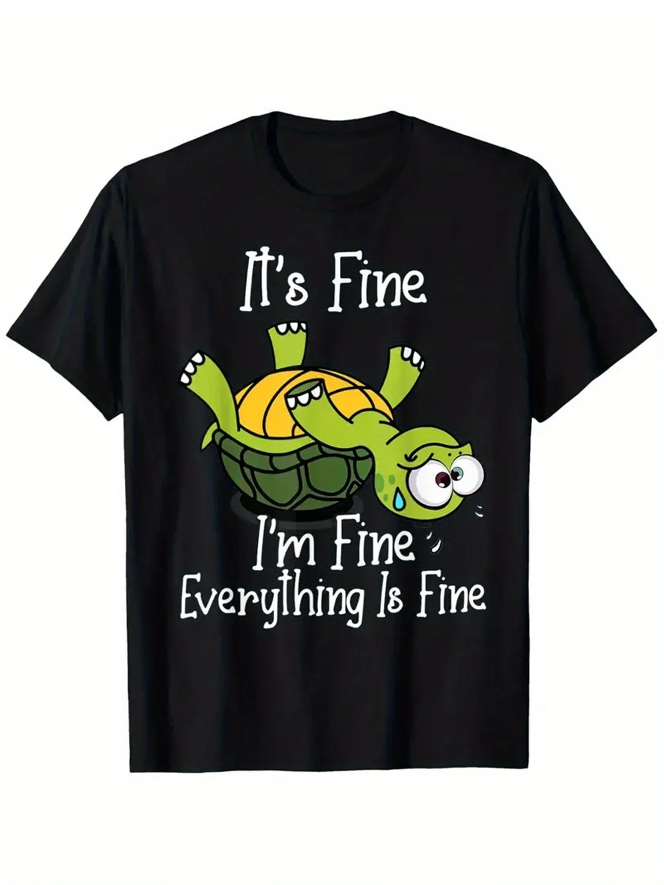 

Men's Humorous "It's Fine" Turtle Graphic T-Shirt - Black Casual Short Sleeve Summer Tee with Sarcastic Quote, Regular Fit Round