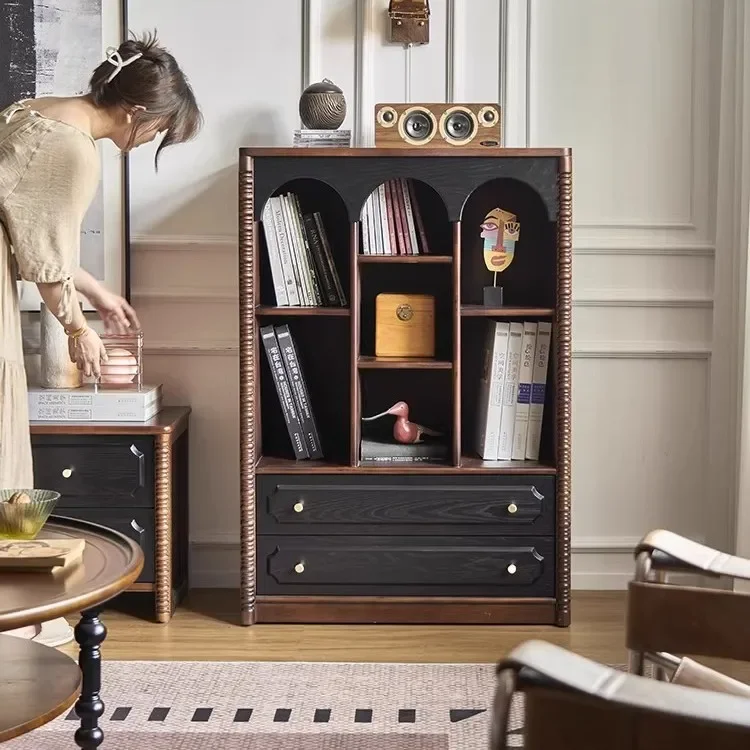 HYS living room floor-to-ceiling storage rack retro module free combination solid wood bookcase